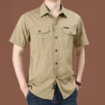 Mens Short Sleeve Cotton Casual Tactical Shirt Half Sleeve for Hiking Climbing Hunting Outdoor Sport Shirt for Men-Khaki / L