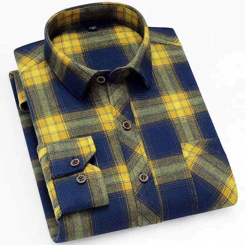 Hb6c1704025a6431b88793a241959be96a.webp New Fashion Plaid Shirt Long Sleeve Shirt for Men-Yellow / XL - Image 1